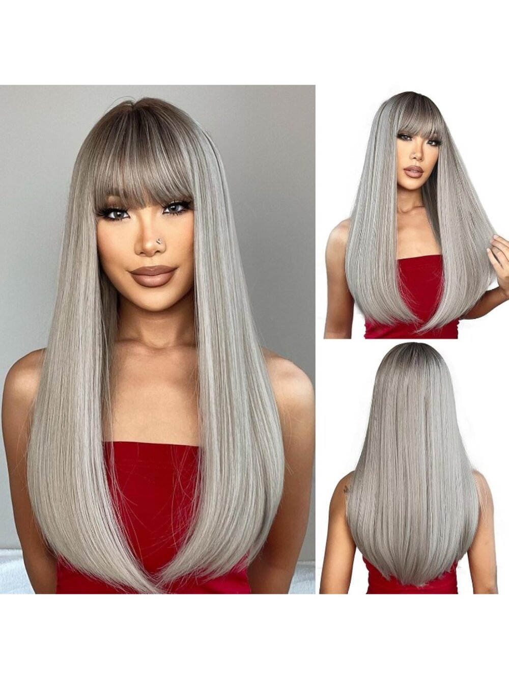 Women's Light Grey 22 Inch Heat Resistant Synthetic Long Straight Wigs Bangs